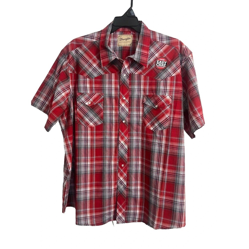Wrangler Pearl Snap Men's Short Sleeve Western Shirt Light Red Plaid 3XL NEW